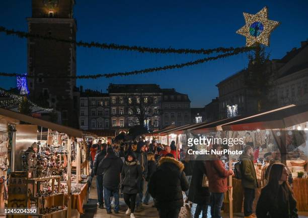 View of Christmas decorations at the Christmas Market on the Main Market Square in Krakow. On Monday, November 28 in Krakow, Lesser Poland...