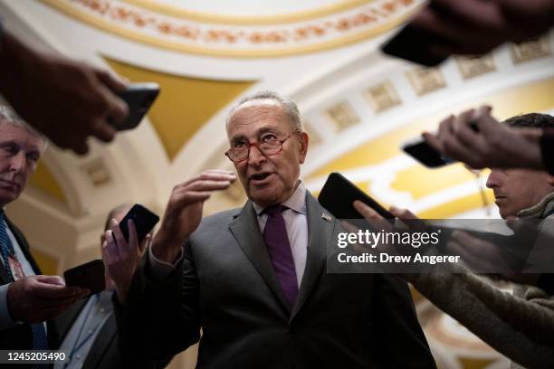 Senate Majority Leader Chuck Schumer speaks to reporters at the U.S. Capitol after his meeting at the White House with President Joe Biden and...