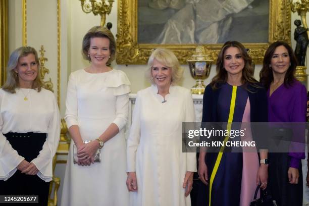 Britain's Sophie, the Countess of Wessex, Queen Mathilde of Belgium, Britain's Queen Consort Camilla, Queen Rania of Jordan and Danish Crown Princess...