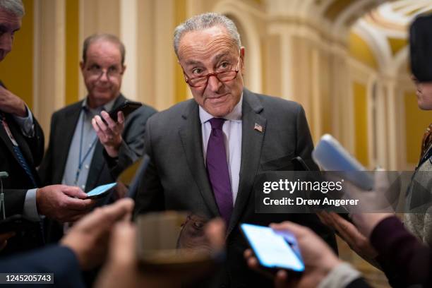 Senate Majority Leader Chuck Schumer speaks to reporters at the U.S. Capitol after his meeting at the White House with President Joe Biden and...