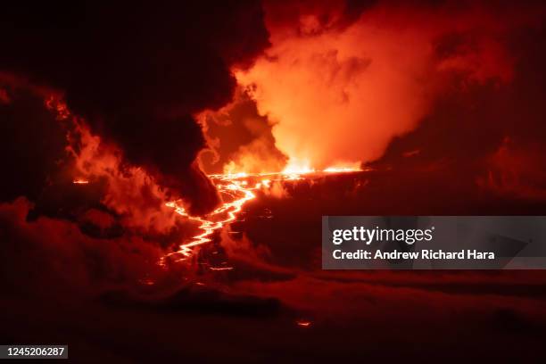 The Big Island's Mauna Loa Volcano erupts on November 28, 2022 on the Island of Hawaii. For the first time in almost 40 years, the biggest active...