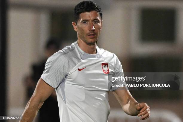 Poland's forward Robert Lewandowski takes part in a training session at the Al Kharaitiyat SC in Doha on November 29 on the eve of the Qatar 2022...