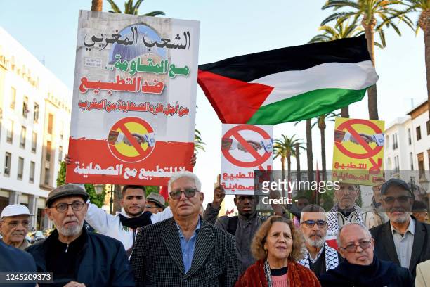 Moroccans protest outside Morocco's parliament in the capital Rabat, against the kingdom's normalisation of ties with Israel and in support of...