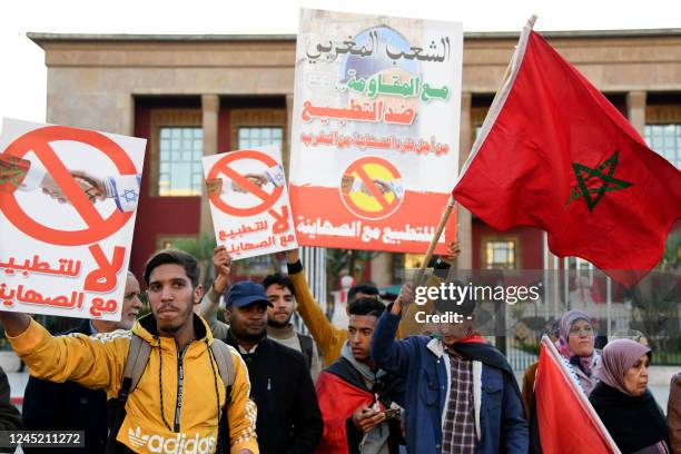 Moroccans protest outside Morocco's parliament in the capital Rabat, against the kingdom's normalisation of ties with Israel and in support of...