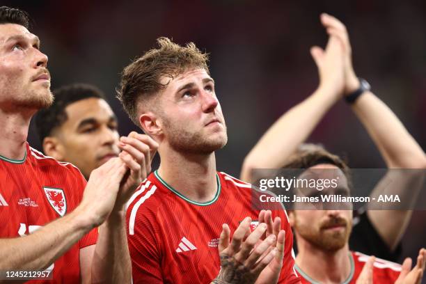 Dejected Joe Rodon of Wales at full time after Wales are knocked out the FIFA World Cup in the group stages during the FIFA World Cup Qatar 2022...