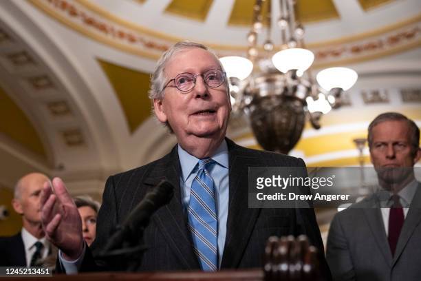 Senate Minority Leader Mitch McConnell speaks to reporters after meeting with Senate Republicans at the U.S. Capitol November 29, 2022 in Washington,...