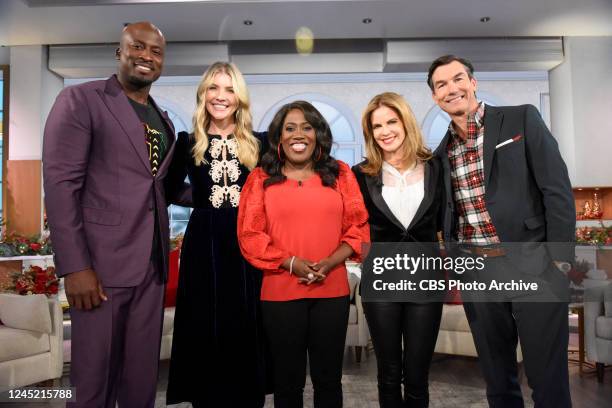 The Talk" airs on the CBS Television Network and is available to stream live and on demand on Paramount+. Pictured L-R: Akbar Gbaja-Biamila, Amanda...