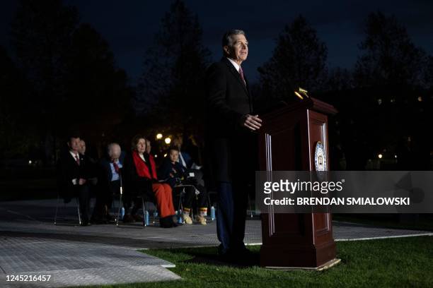Architect of the Capitol J. Brett Blanton speaks prior to the lighting of the Capitol Christmas Tree outside the US Capitol in Washington, DC, on...