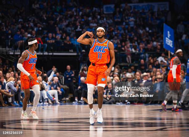 Isaiah Joe of the Oklahoma City Thunder celebrates during the game against the Dallas Mavericks on October 29, 2022 at the American Airlines Center...