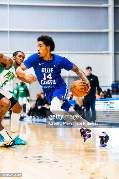 Patrick McCaw of the Delaware Blue Coats handles the ball against the Maine Celtics on November 29, 2022 at Chase Fieldhouse in Wilmington, Delaware....