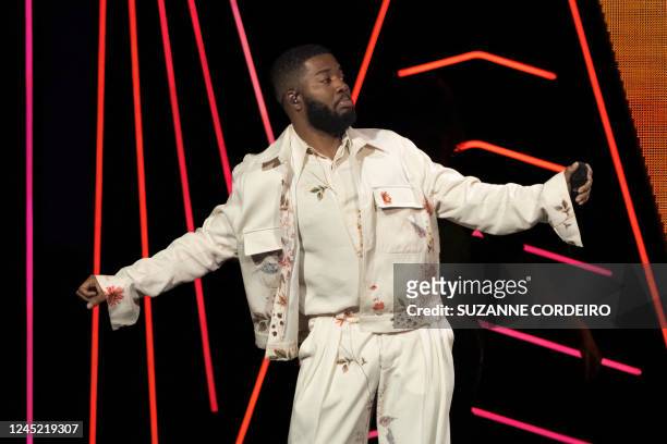 Singer Khalid performs on stage during the 2022 iHeart Jingle Ball at Dickies Arena in Fort Worth, Texas, on November 29, 2022.