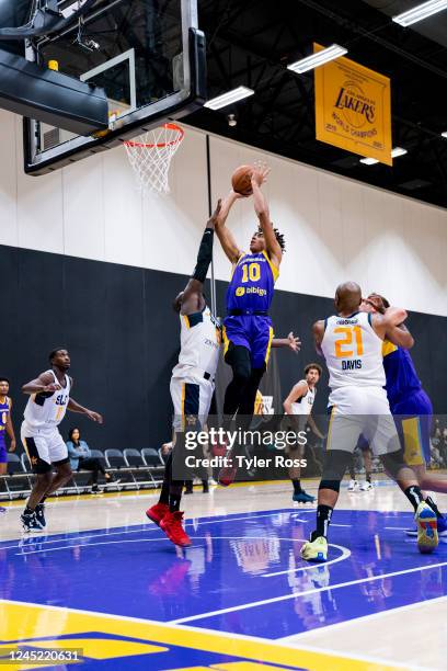 Max Christie of the South Bay Lakers drives to the basket during the game against the Salt Lake City Stars on November 29, 2022 at UCLA Health...