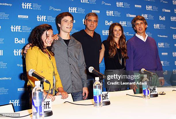 Actors Amara Miller, Nick Krause, George Clooney, Shailene Woodley, and Director Alexander Payne speak at "The Descendents" Press Conference at TIFF...