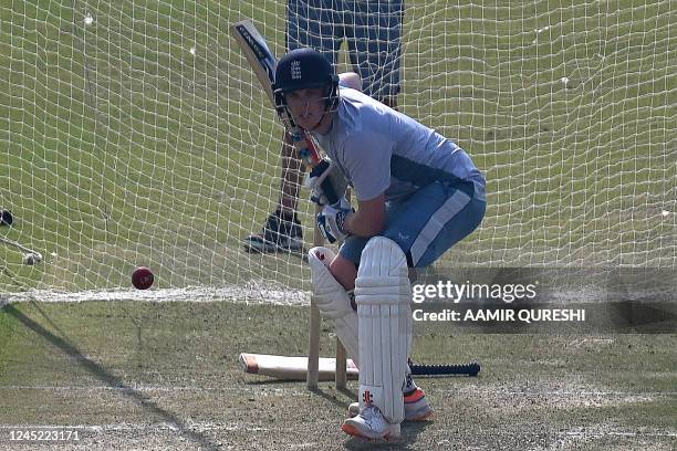 England's Harry Brook bats at the nets during a training session ahead of their first cricket Test match against Pakistan, at the Rawalpindi Cricket...