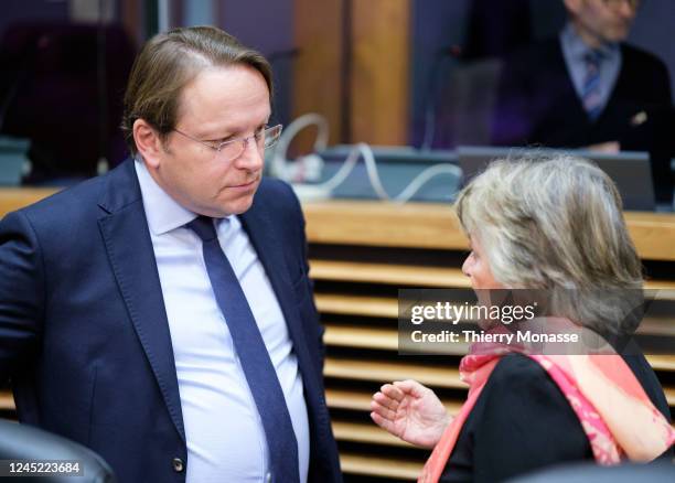 Commissioner for Neighbourhood and Enlargement Oliver Varhelyi talks with the EU Commissioner for Cohesion and Reforms Elisa Ferreira prior the...