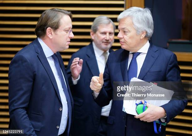 Commissioner for Neighbourhood and Enlargement Oliver Varhelyi talks with the EU Commissioner for Budget and Administration Johannes Hahn and the EU...