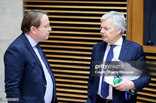 Commissioner for Neighbourhood and Enlargement Oliver Varhelyi talks with the EU Commissioner for Justice Didier Reynders prior the weekly meeting of...