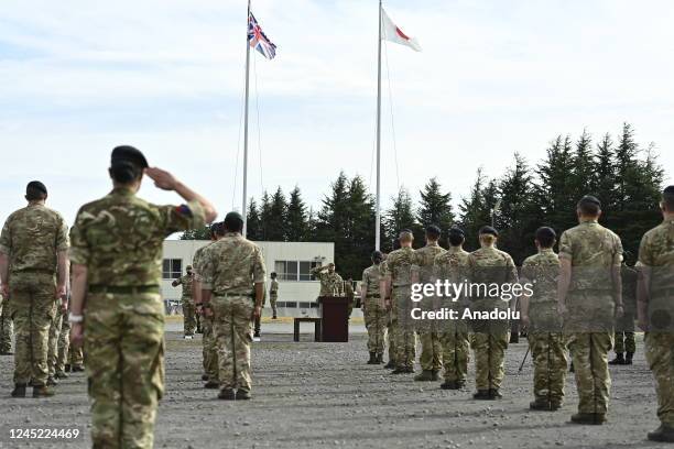 Japan Ground Self-Defense Force and British army attend the closing ceremony of Bilateral Field Training Exercise âVIGILANT ISLES 22â at Camp...
