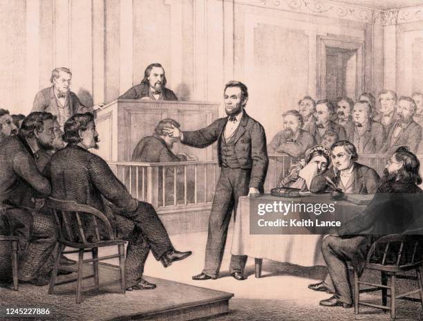 abraham lincoln defends armstrong - courtroom jurors judge stock illustrations