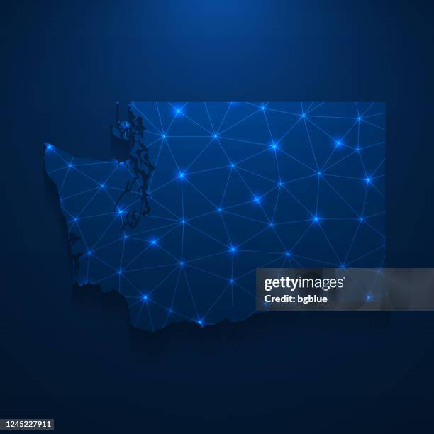 washington map network - bright mesh on dark blue background - data lines points stock illustrations