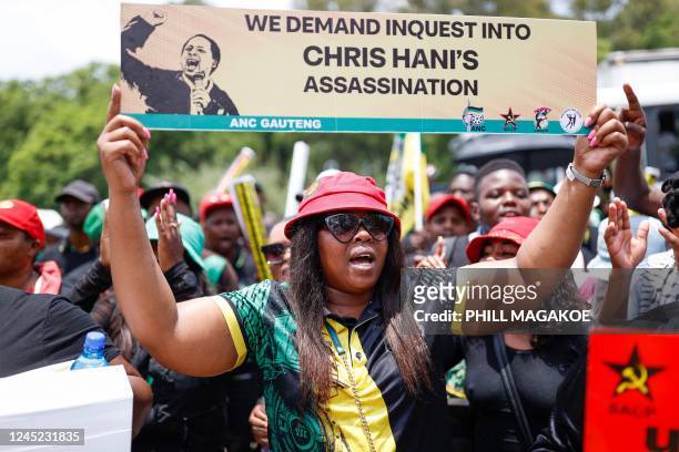 Members of the ruling African National Congress and the South African Communist Party sing and chant slogans as the picket outside the Kgosi Mampuru...