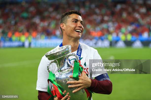 July 2016 - UEFA EURO 2016 Final - Portugal v France - Cristiano Ronaldo of Portugal poses with the Henri Delaunay trophy -