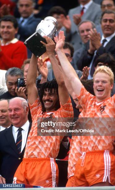 June 1988 Munich - UEFA Euro 1988 Final - Soviet Union v Netherlands - Netherlands captain Ruud Gullit of Netherlands holds the trophy aloft -