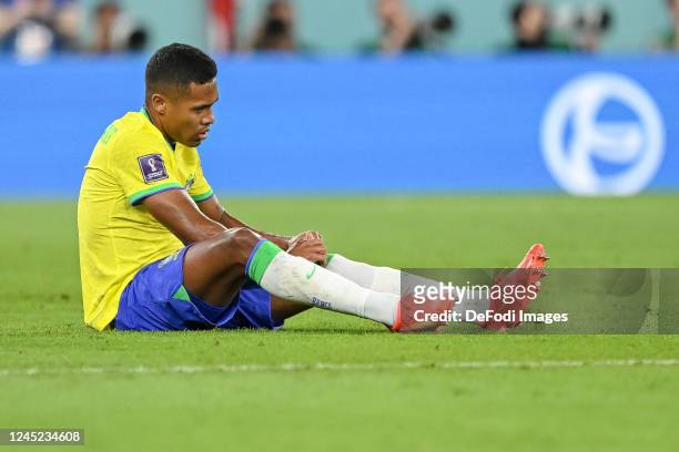 Alex Sandro of Brazil on the ground during the FIFA World Cup Qatar 2022 Group G match between Brazil and Switzerland at Stadium 974 on November 28,...