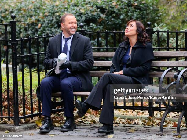 Donnie Wahlberg and Marisa Ramirez are seen on the film set of the 'Blue Bloods' TV Series on November 29, 2022 in New York City.