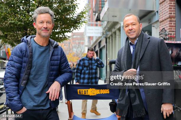 Donnie Wahlberg and Tom Cavanagh are seen on the film set of the 'Blue Bloods' TV Series on November 29, 2022 in New York City.