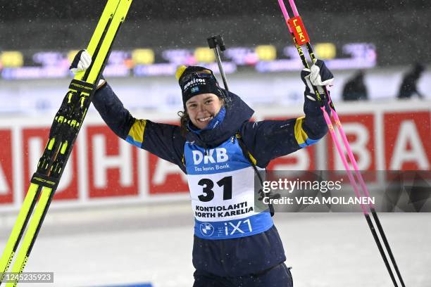 Winner Sweden's Hanna Oberg celebrates winning the women's 15km event of the IBU Biathlon World Cup in Kontiolahti on November 30, 2022. - Finland...