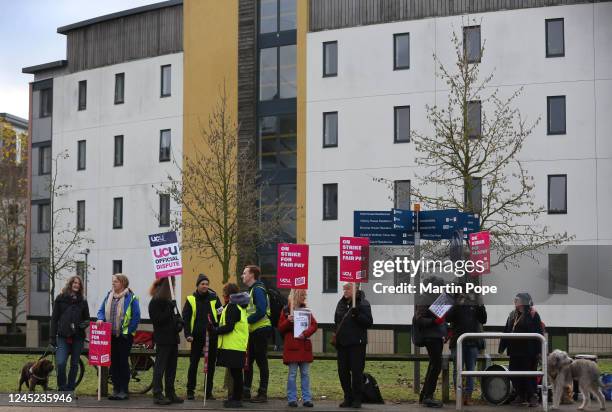 Workers on the picket line on the University of East Anglia main campus on November 30, 2022 in Norwich, United Kingdom. University staff across the...