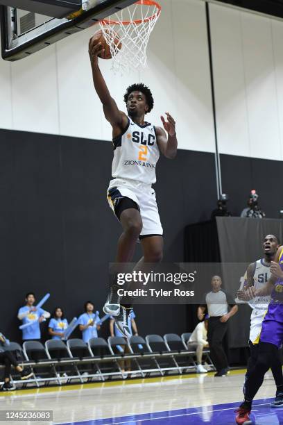 Tyler Cook of the Salt Lake City Stars drives to the basket during the game against the South Bay Lakers on November 29, 2022 at UCLA Health Training...