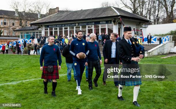 Craig Gordon carries a historical match ball during an event to mark the 150th anniversary of the first Scotland v England international fixture in...