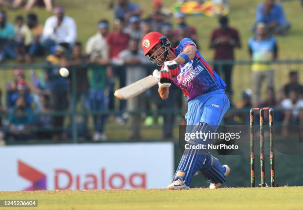 Afghanistan's Ibrahim Zadran plays a shot during the final one-day international cricket match between Sri Lanka and Afghanistan at the Pallekele...