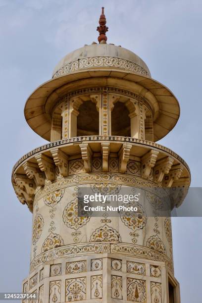 Domed top of a minaret at Itimad-ud-Daulah's Tomb in Agra, Uttar Pradesh, India, on May 04, 2022. The Tomb of Itimad-ud-Daulah was built between 1622...