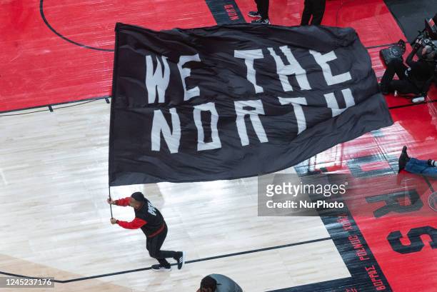 November 28, 2022: 'WE THE NORTH' flag on the court before the Toronto Raptors vs Cleveland Cavaliers NBA regular season game at Scotiabank Arena in...