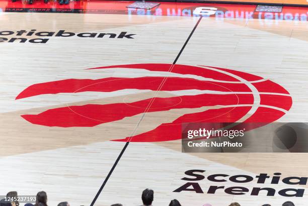 November 28, 2022: Toronto Raptors team logo on the floor during the Toronto Raptors vs Cleveland Cavaliers NBA regular season game at Scotiabank...