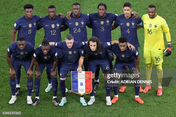 France's midfielder Aurelien Tchouameni, forward Randal Kolo Muani, defender Ibrahima Konate, defender Axel Disasi, defender Raphael Varane,...