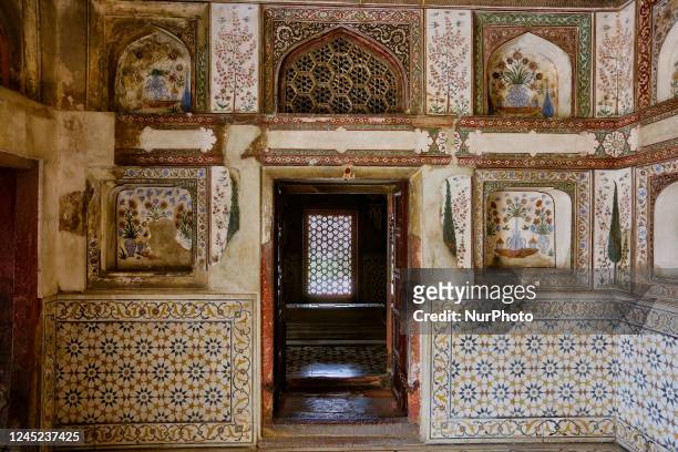 Interior of the mausoleum of Itmad-ud-Daulah's tomb decorated with images of vases, vegetal and geometric patterns in Agra, Uttar Pradesh, India, on...