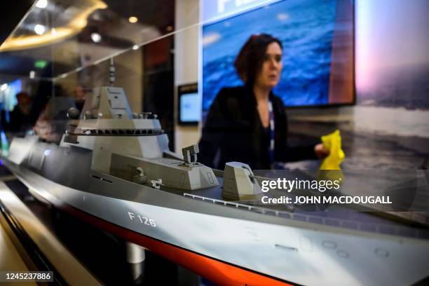Model of the F126 or Frigate 126 Multi-Purpose Combat Ship 180 of the German Navy is on display at the Berlin Security Conference on European...