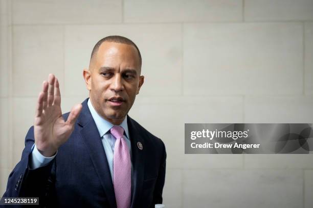 House Democratic Caucus Chair Hakeem Jeffries departs a leadership election meeting with the Democratic caucus in the Longworth House Office Building...