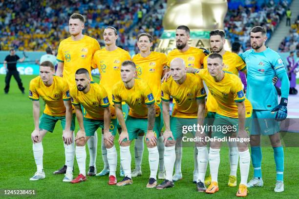 Australian players pose for a team photo prior to the FIFA World Cup Qatar 2022 Group D match between Australia and Denmark at Al Janoub Stadium on...