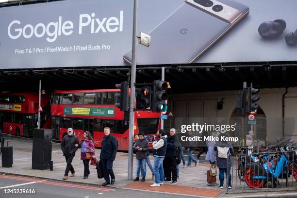 Large scale advert for Google Pixel 7 outside London Bridge station on 17th November 2022 in London, United Kingdom. Google Pixel is a brand of...