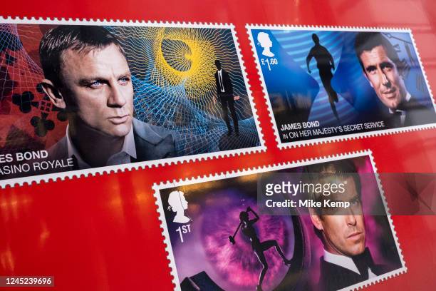 Post office van with examples of James Bond stamps to mark the upcoming release of the film Time To Die, featuring Daniel Craig in the remake of...