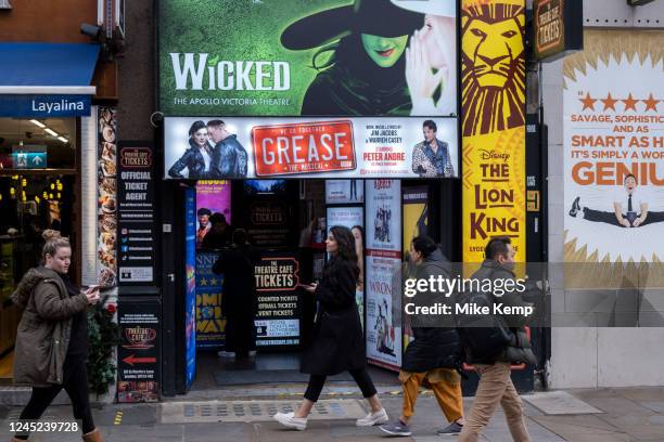 West End theatre show posters outside a ticket shop at the heart of London's Theatreland on 16th November 2022 in London, United Kingdom. West End...