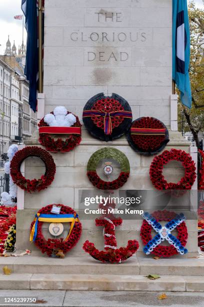 Wreaths and poppies in remembrance to commemorate the dead of the Great Wars laid at The Cenotaph on 17th November 2022 in London, United Kingdom....