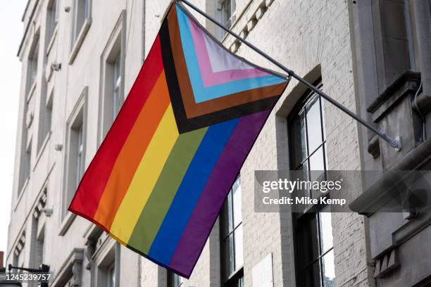 Pride Progress flag in Soho on 16th November 2022 in London, United Kingdom. The flag includes the rainbow flag stripes to represent LGBTQ+...