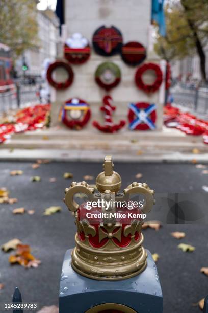 Wreaths and poppies in remembrance to commemorate the dead of the Great Wars laid at The Cenotaph on 17th November 2022 in London, United Kingdom....