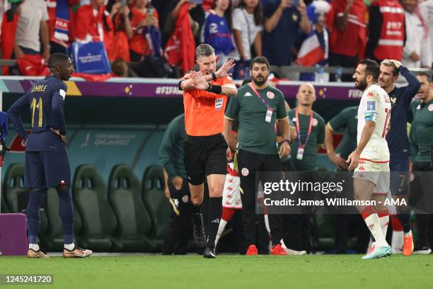 Referee Matthew Conger of New Zealand rules out Antoine Griezmann of Frances goal with VAR ruling it offside during the FIFA World Cup Qatar 2022...